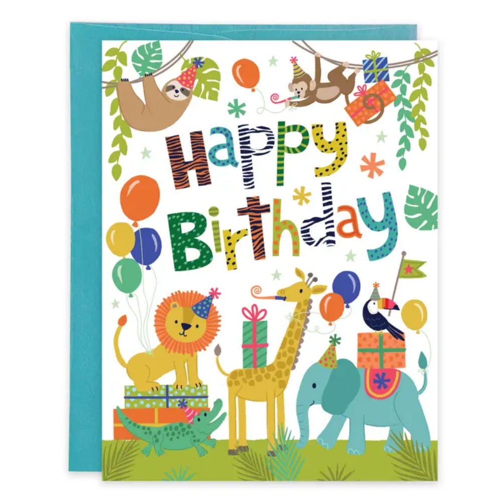 Colorful birthday card with cartoon animals and 'Happy Birthday' text.