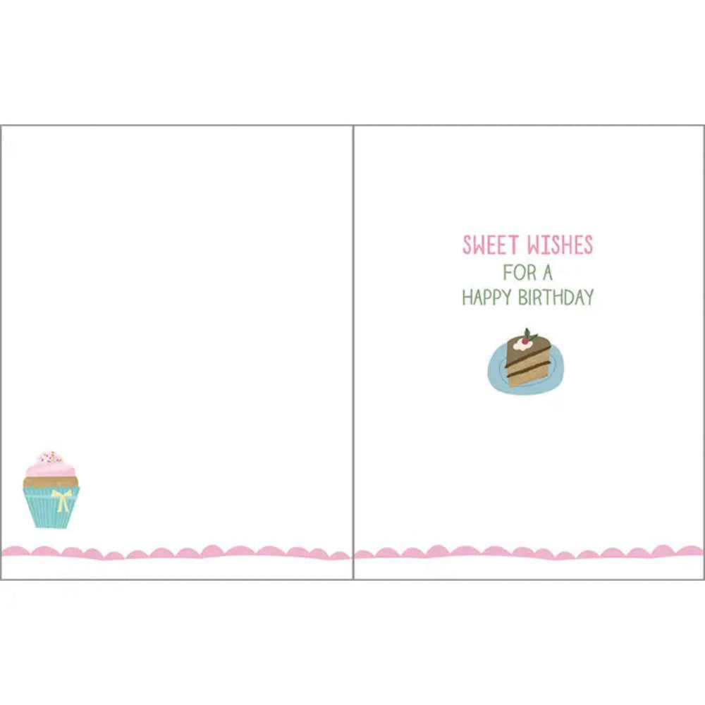 Greeting card with birthday wishes and cake illustration on a white background
