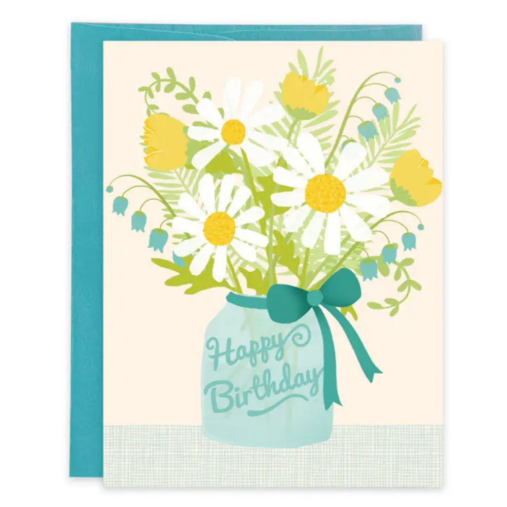 Birthday card with floral design and 'Happy Birthday' text on a light blue jar.