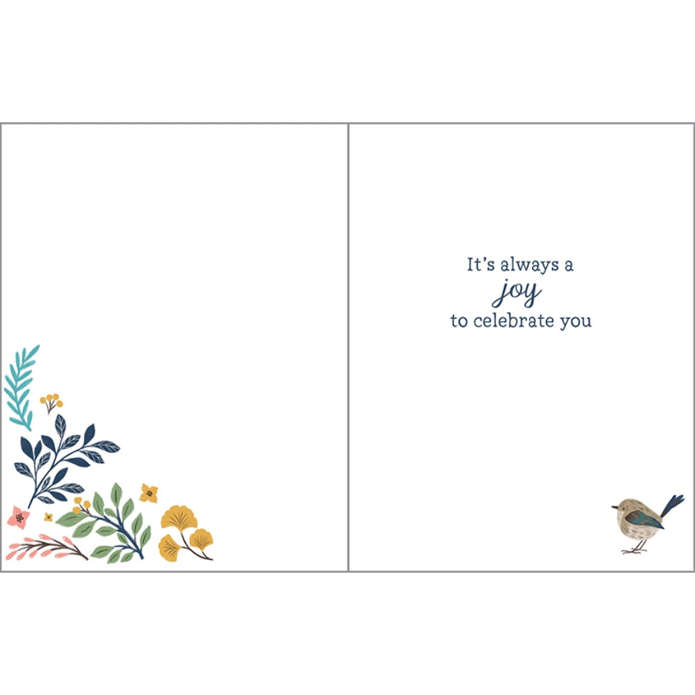Greeting card with floral design and text 'It's always a joy to celebrate you' on a white background