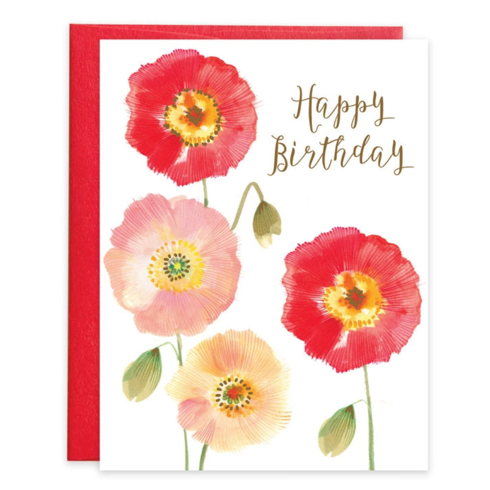 Birthday card with red, pink, and orange flowers and 'Happy Birthday' text.
