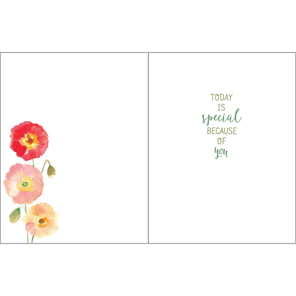Card with flowers on the left and text 'Today is special because of you' on the right.