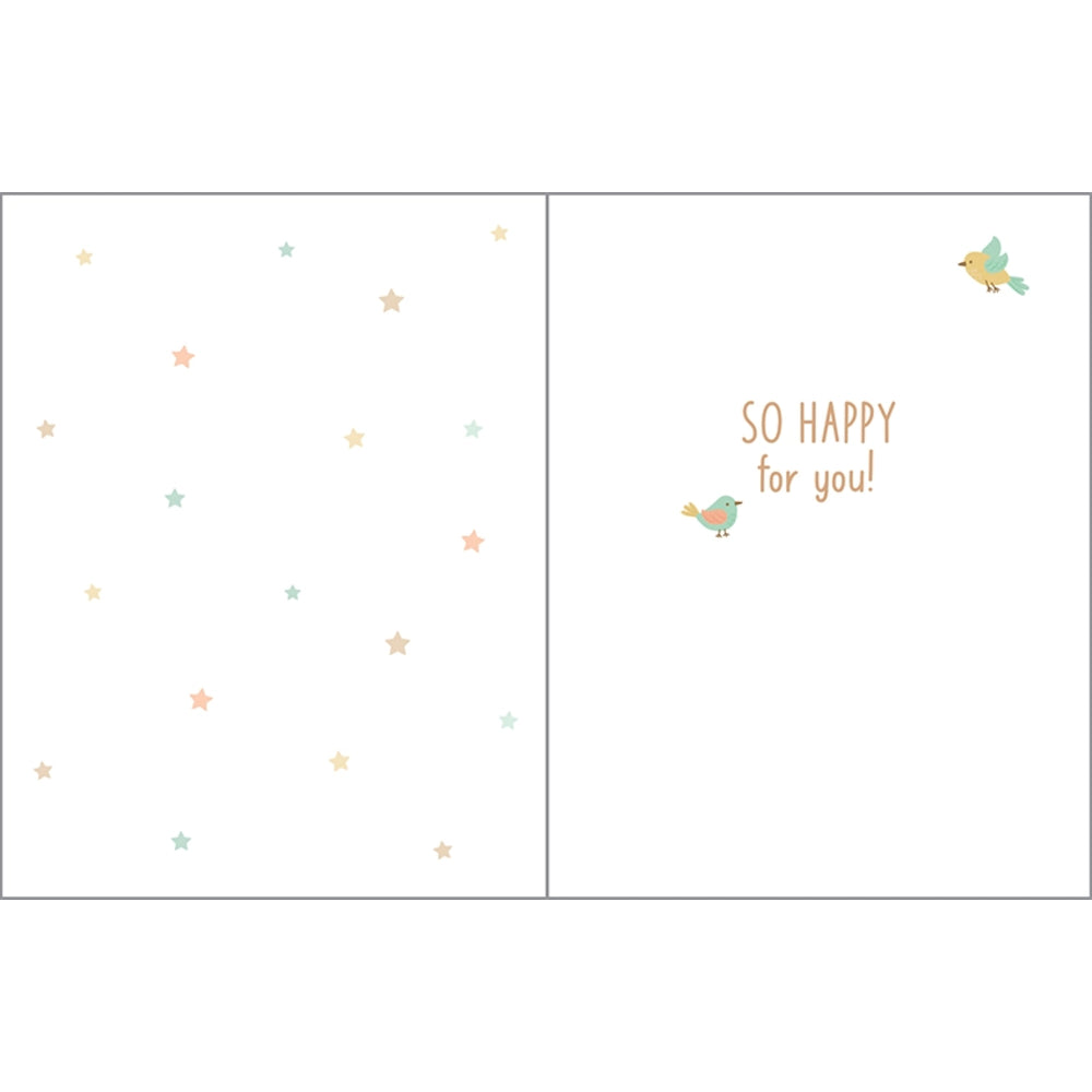 A greeting card shown open, with a white background, scattered pastel stars on the left panel, and the words “SO HAPPY for you!” in peach on the right panel, plus small illustrated birds.