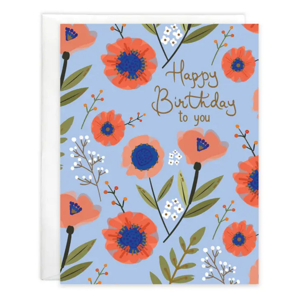 A birthday blue floral greeting card on a white background. 