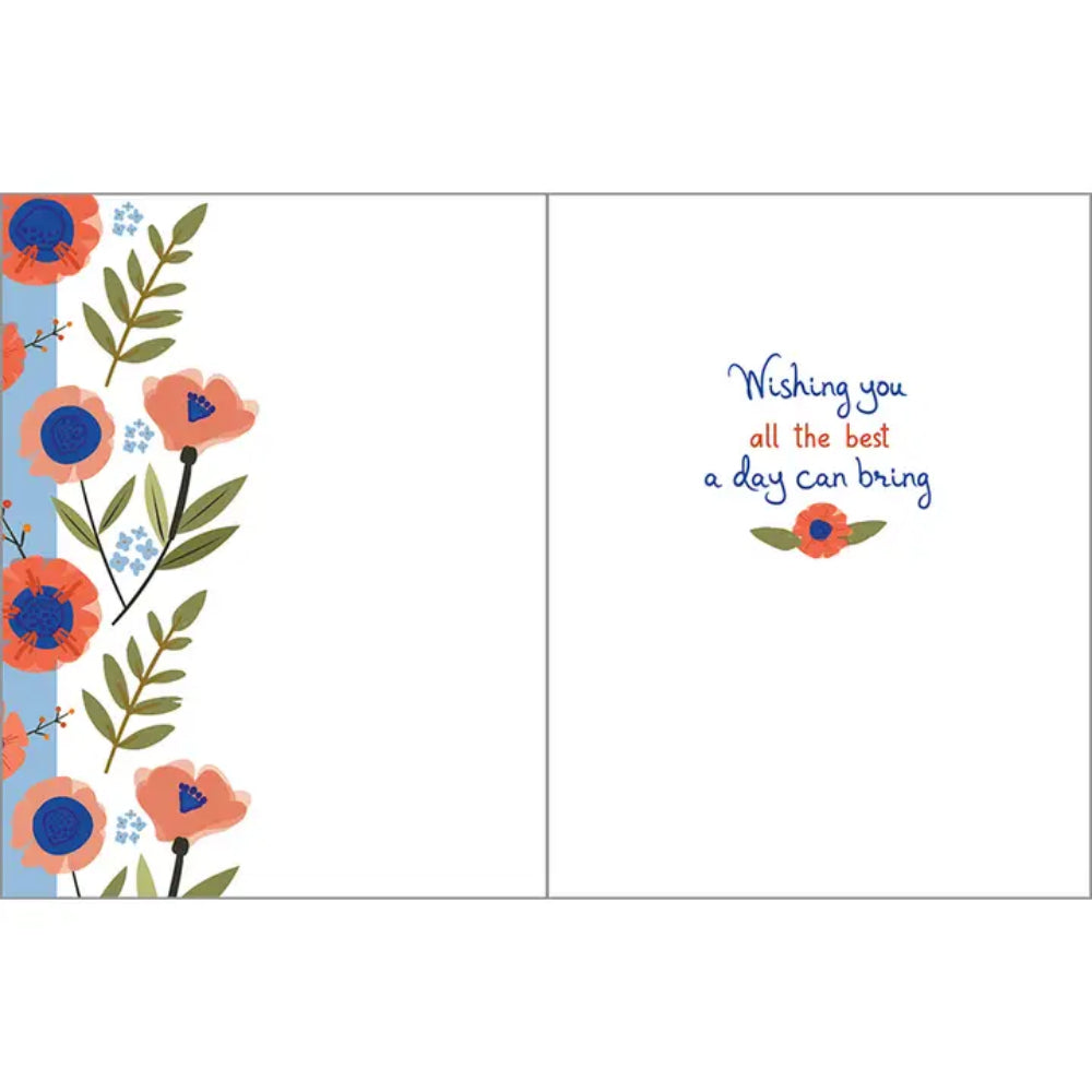 A birthday greeting card with text "wishing you all the best a day can bring" on a white background. 