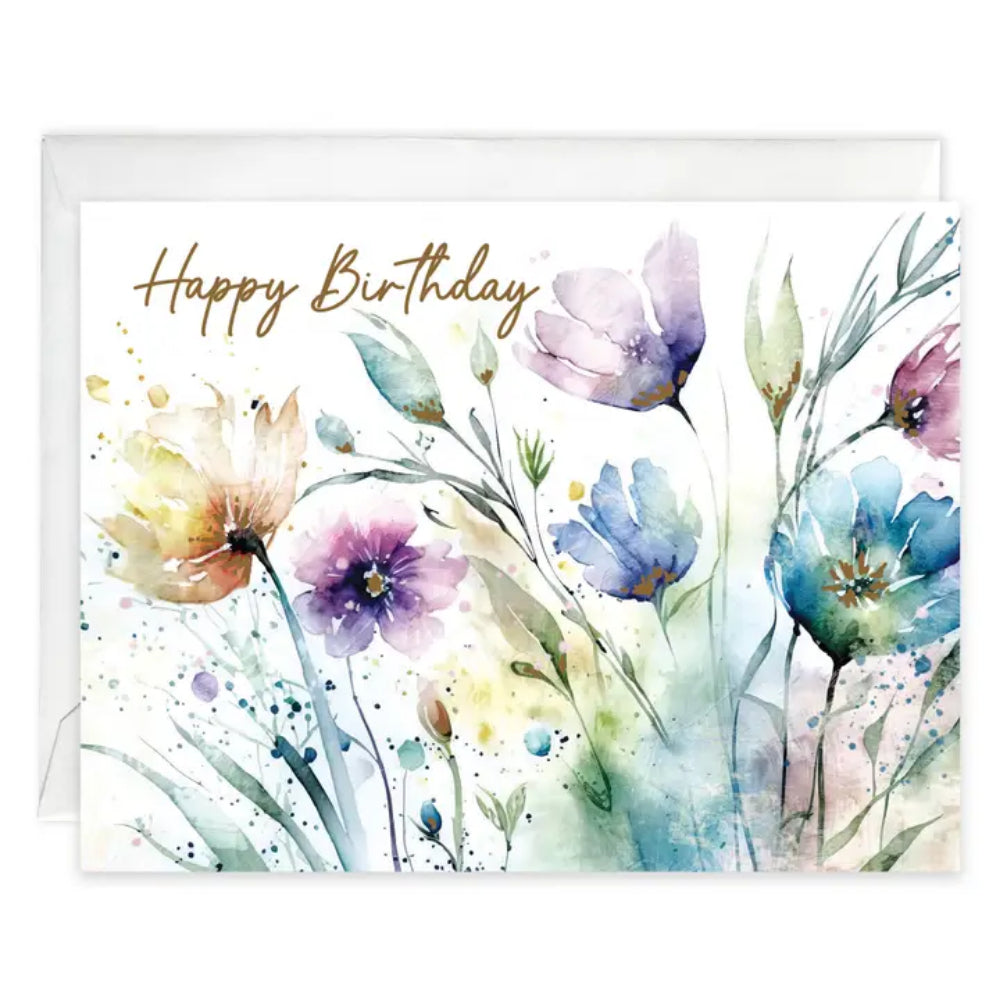 A happy birthday floral greeting card on a white background. 