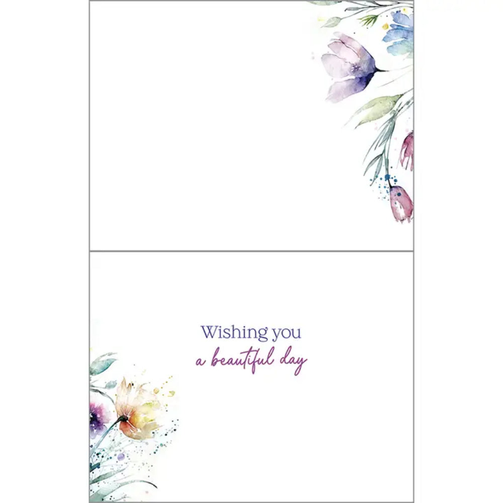A birthday greeting card with text "wishing you a beautiful day" on a white background. 