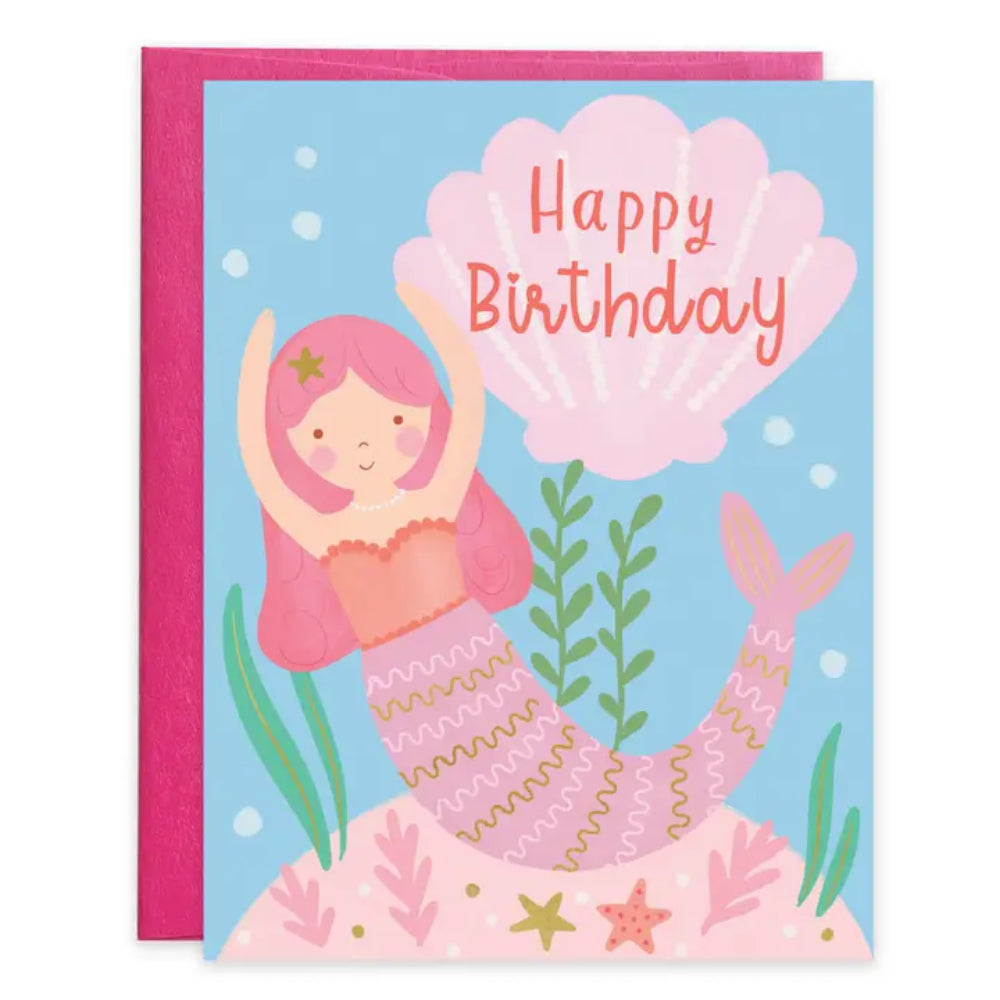 A happy birthday greeting card with a mermaid on it on a white background. 