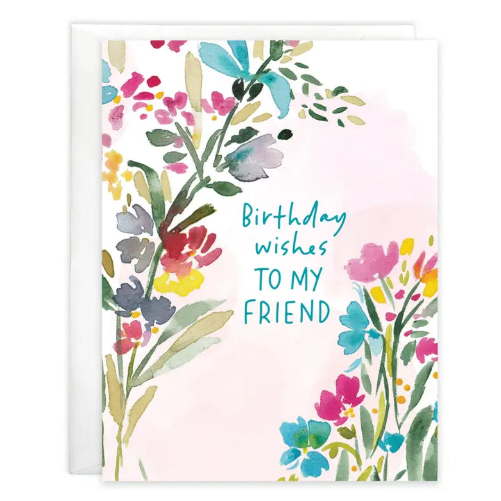 A birthday greeting card with floral designs on a white background. 