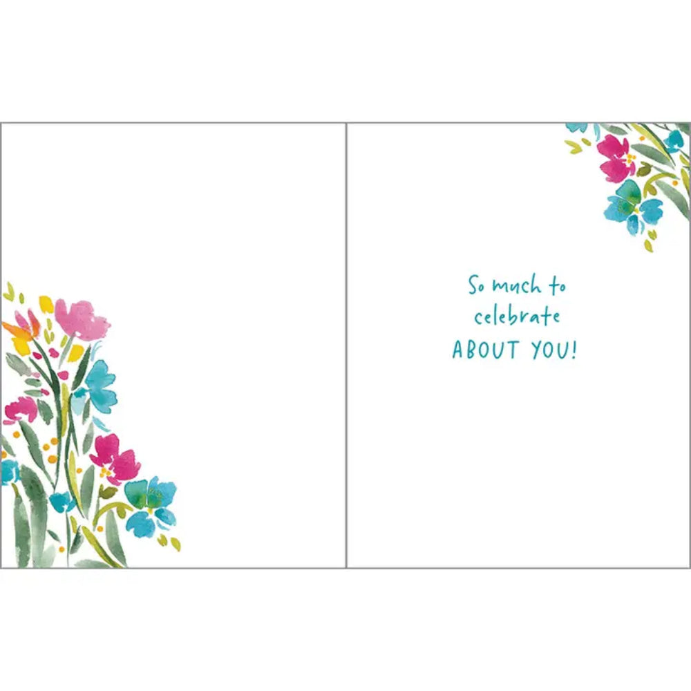 A greeting card celebrating a birthday with text "so much to celebrate about you!" on a white background. 