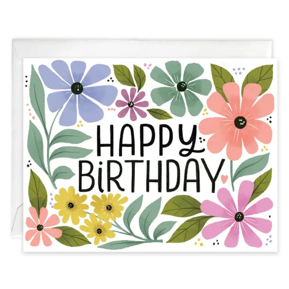 A happy birthday floral greeting card on a white background. 