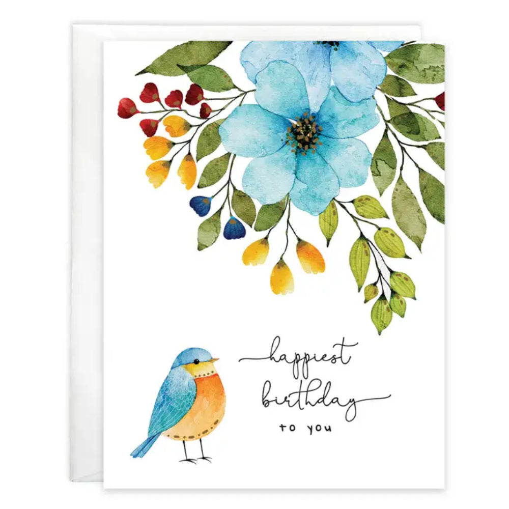 A birthday greeting card on a white background with a bird and flowers on it.