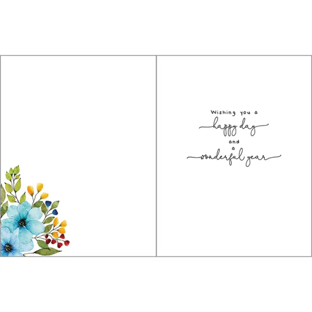 A birthday greeting card with text "wishing you a happy day and a wonderful year" on a white background. 