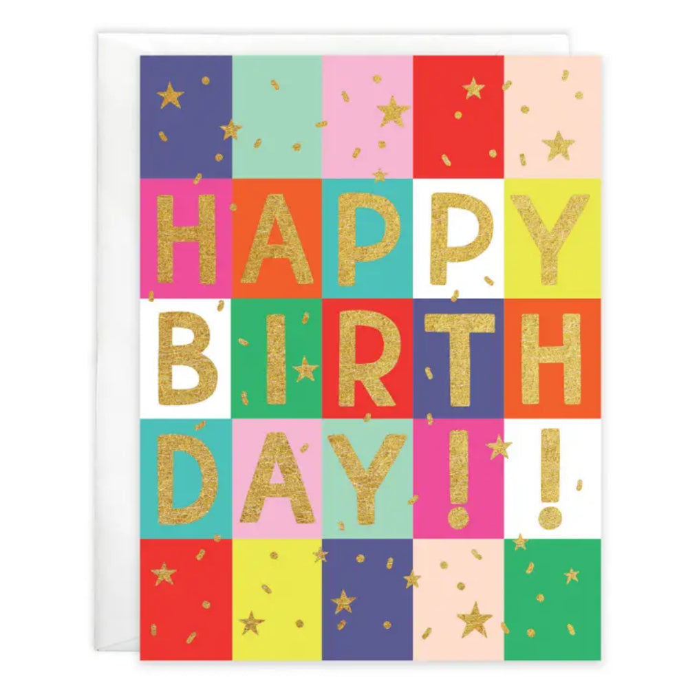 A birthday greeting card with colorful squares on a white background.
