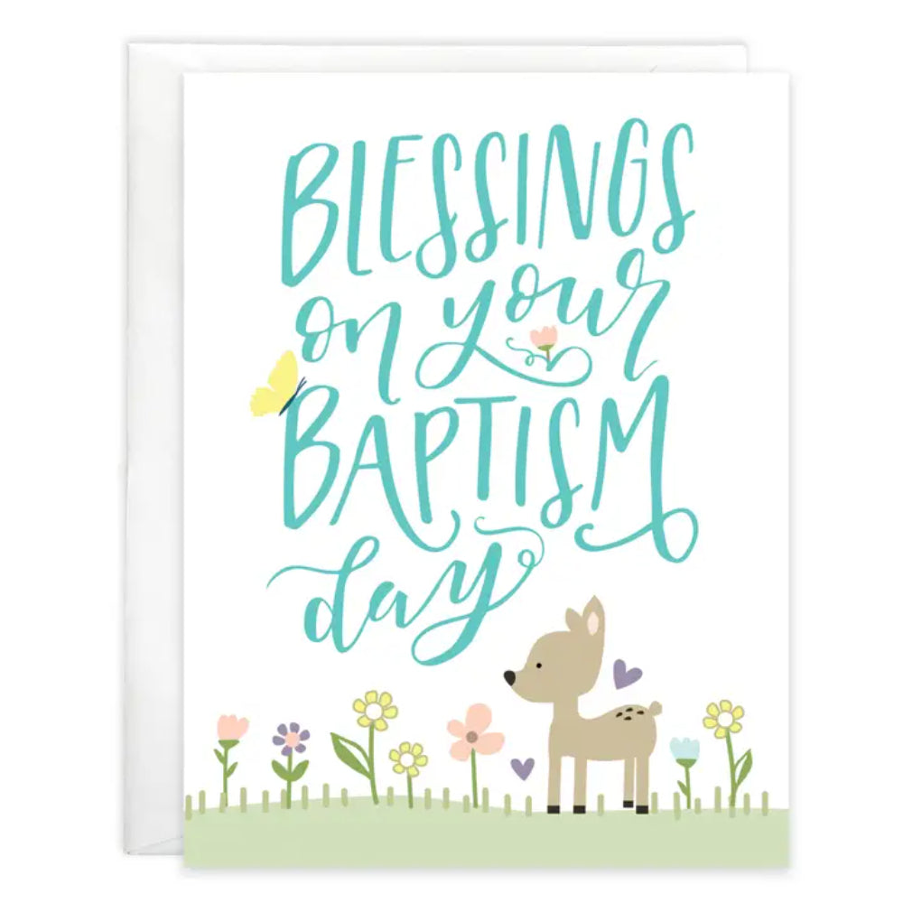 Greeting card with 'Blessings on your Baptism day' text and a deer illustration.