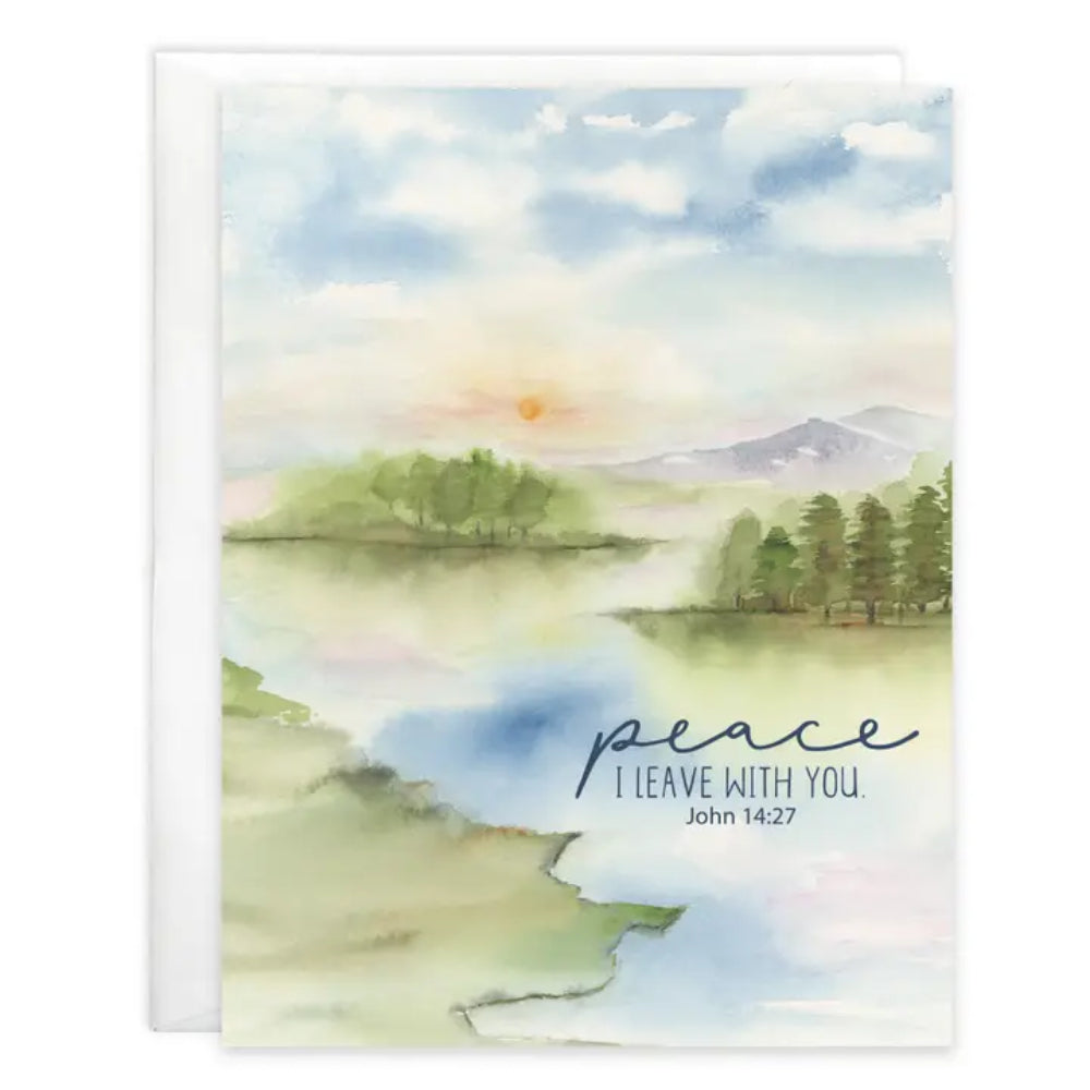 Greeting card with a scenic illustration of a lake and mountains, featuring the text 'peace I leave with you. John 14:27'.