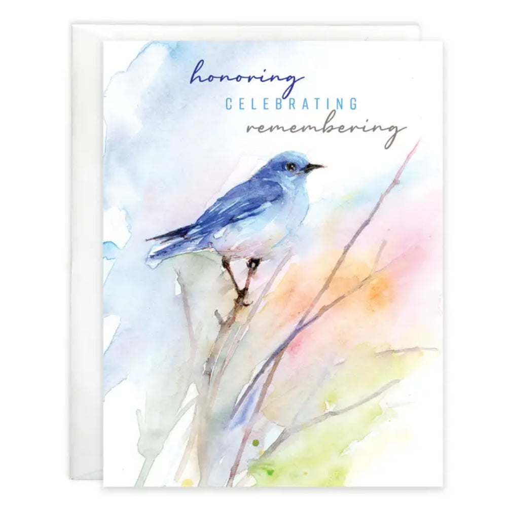 A sympathy greeting card with multiple colors and a blue bird on a white background. 