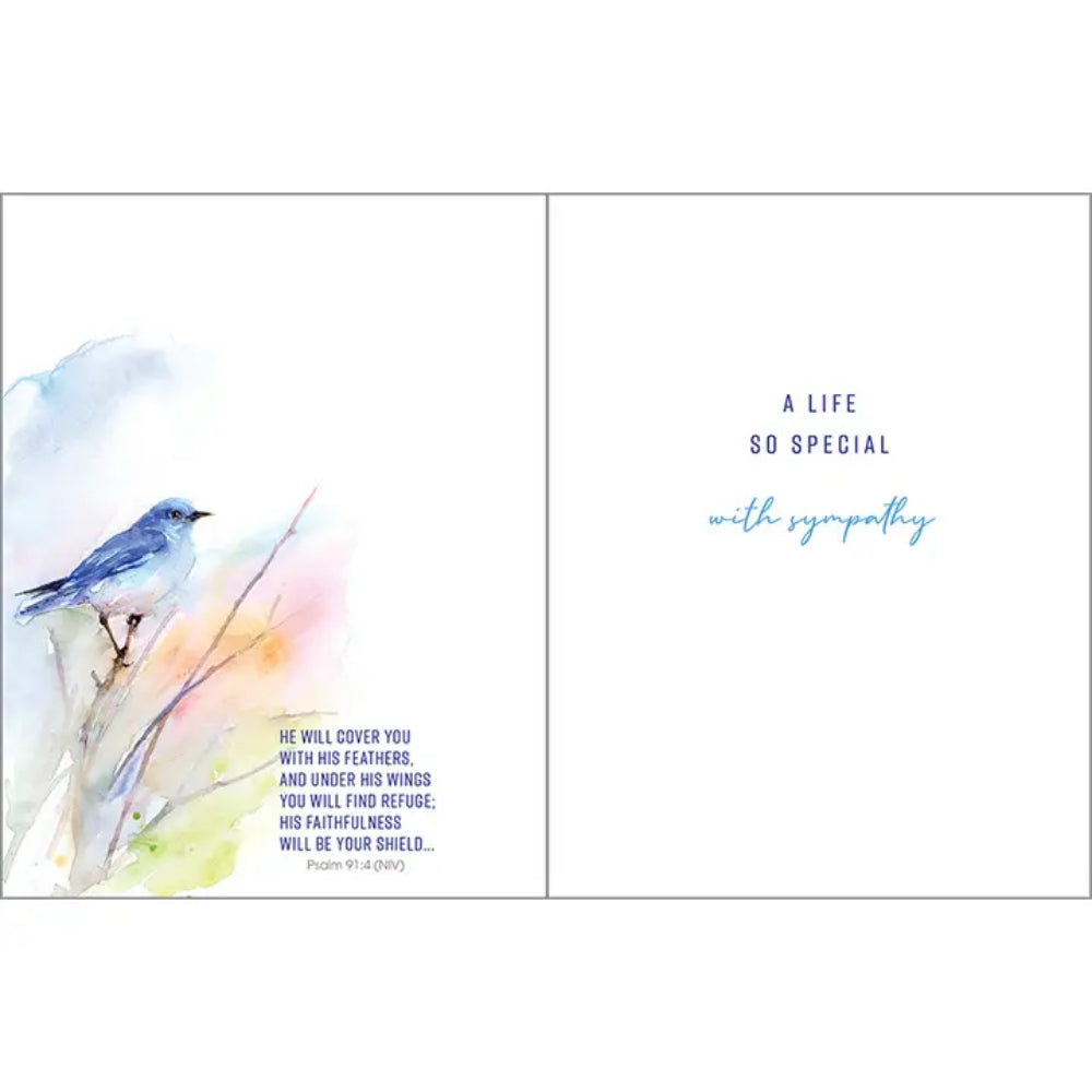 A sympathy greeting card with text "a life so special with sympathy" and a Bible verse Psalm 91:4 on the side on a white background. 