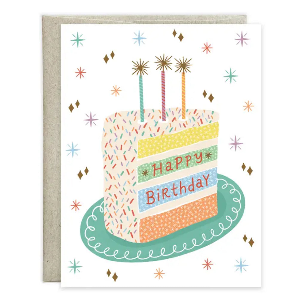 A birthday greeting card with cake on a white background.