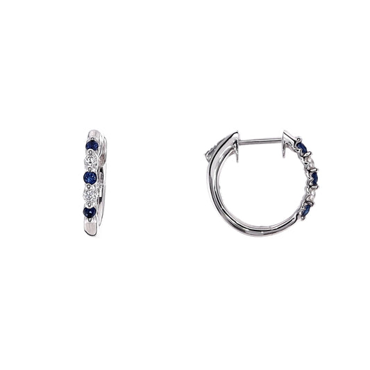 14k White Gold Alternating Round Sapphire and Diamond Hoop Earrings