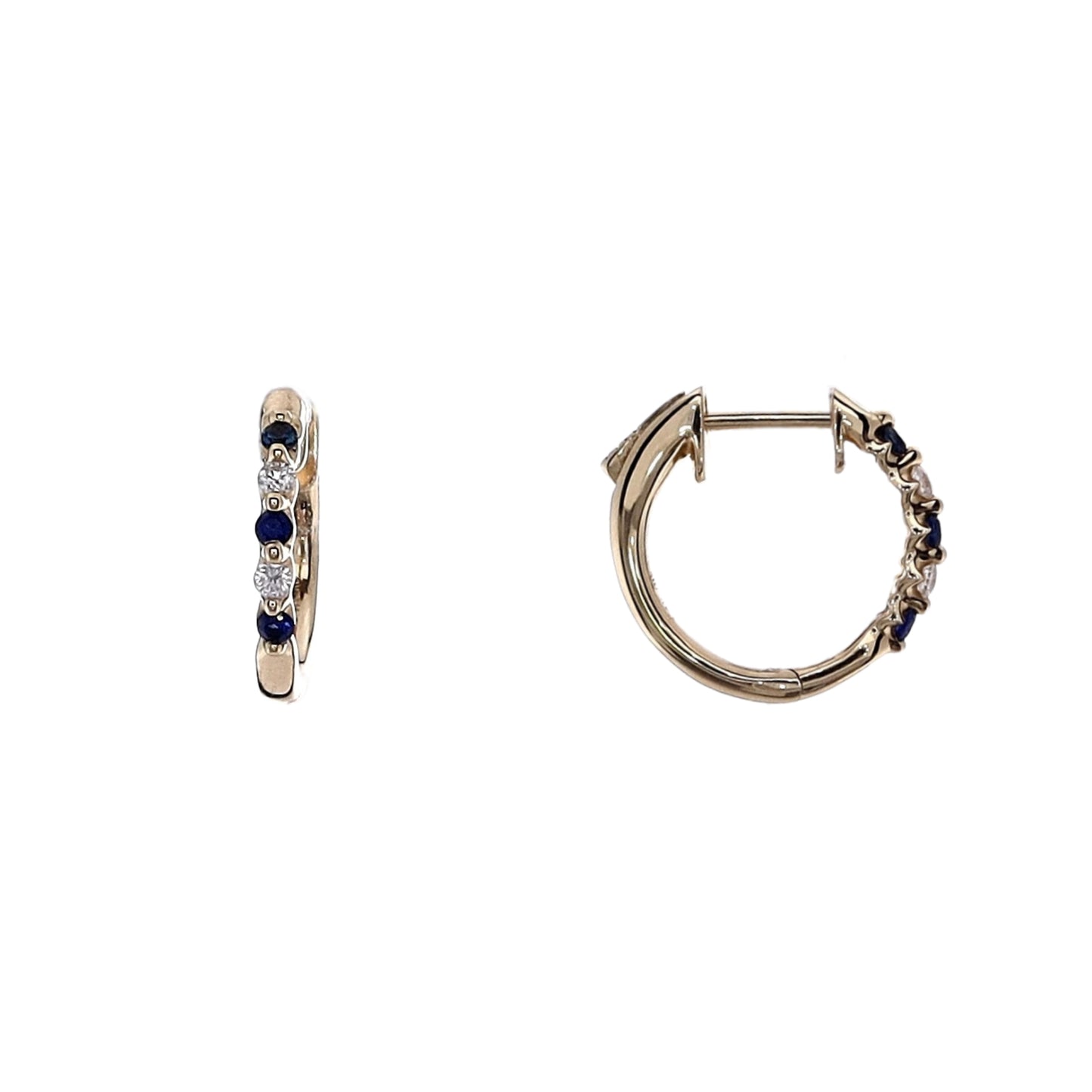 14k Yellow Gold Alternating Round Sapphire and Diamond Hoop Earrings