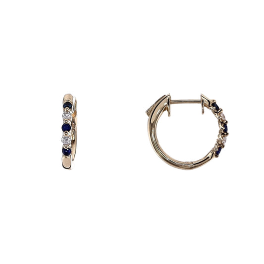 14k Yellow Gold Alternating Round Sapphire and Diamond Hoop Earrings