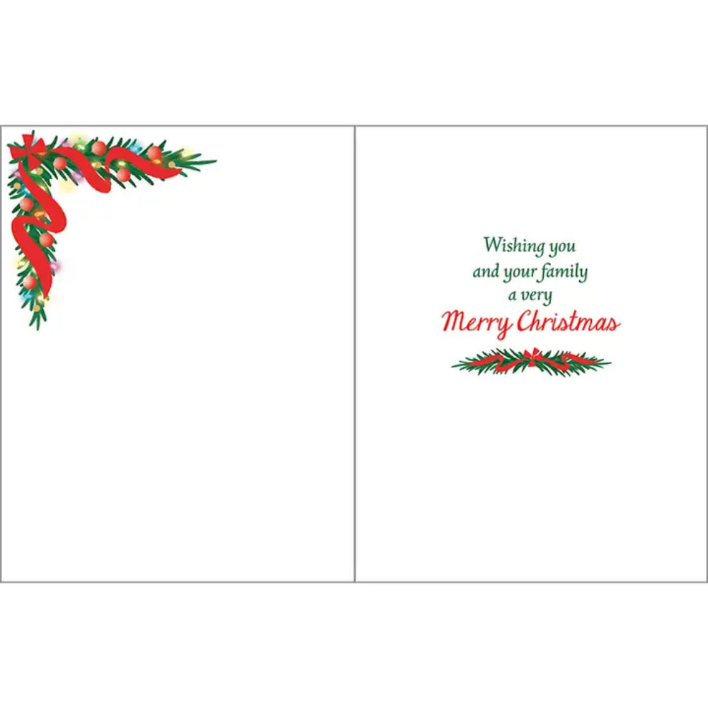 A greeting card with text "wishing you and your family a very merry christmas" on a white background. 