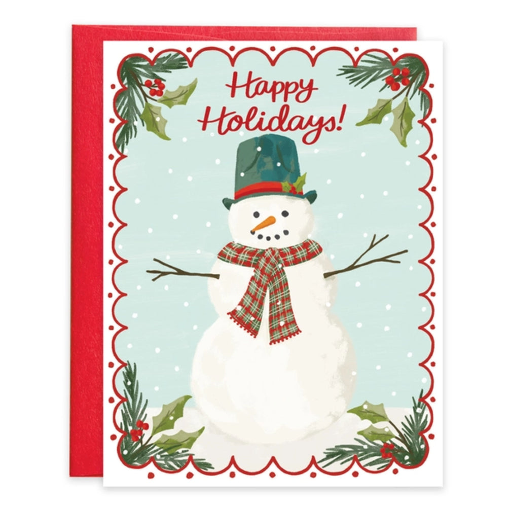 Christmas card with a snowman, red border, and 'Happy Holidays!' text.
