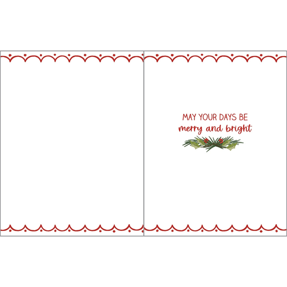 A blank greeting card design with a white background, red scalloped border lines at the top and bottom, and on the right side the text 'MAY YOUR DAYS BE merry and bright' above a small green pine branch illustration.