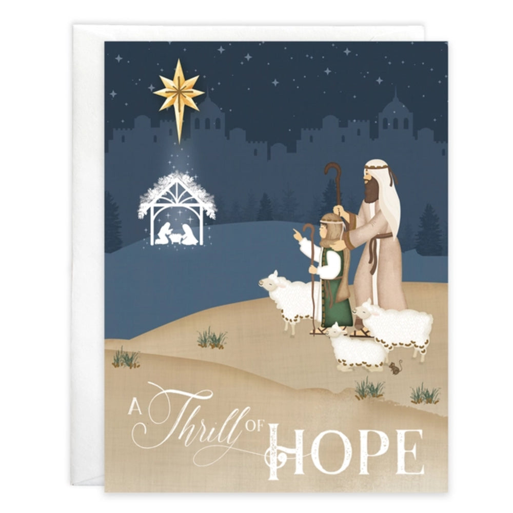 Nativity scene illustration with shepherds, sheep, and a star in the sky on a blue background.