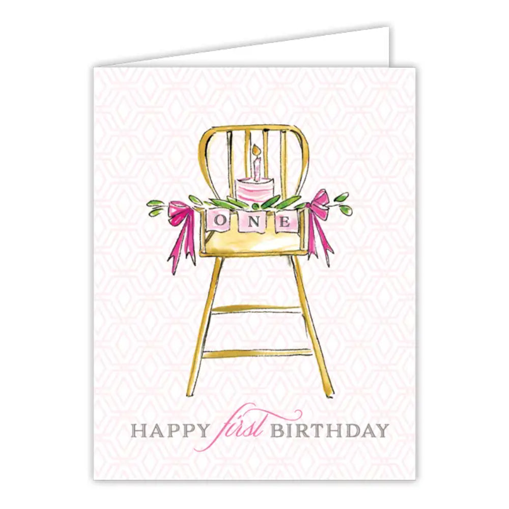 RosanneBeck Collections Happy First Birthday High Chair with Cake Pink Greeting Card