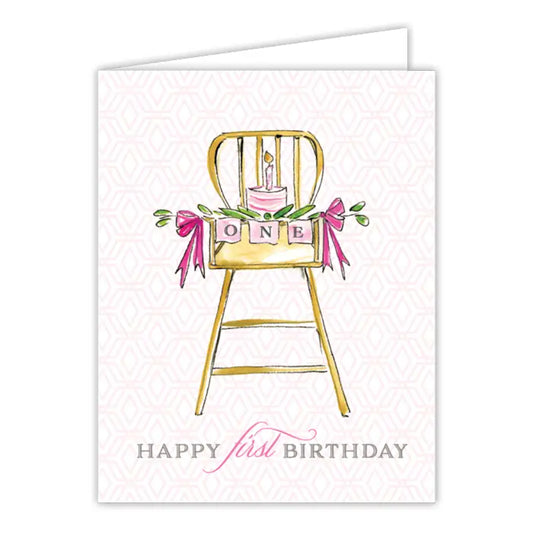 RosanneBeck Collections Happy First Birthday High Chair with Cake Pink Greeting Card