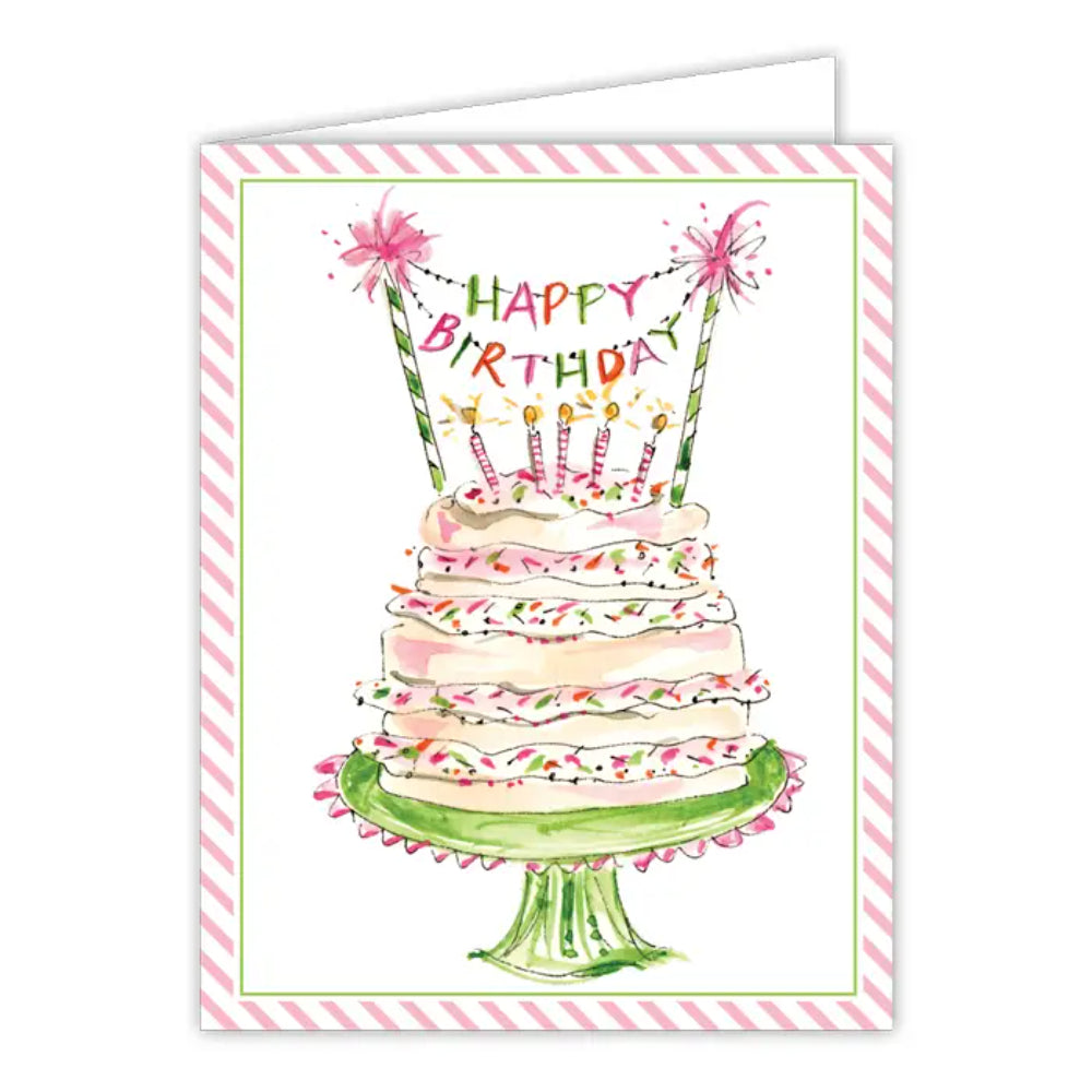RosanneBeck Collections Happy Birthday Banner Pink and Green Cake Greeting Card
