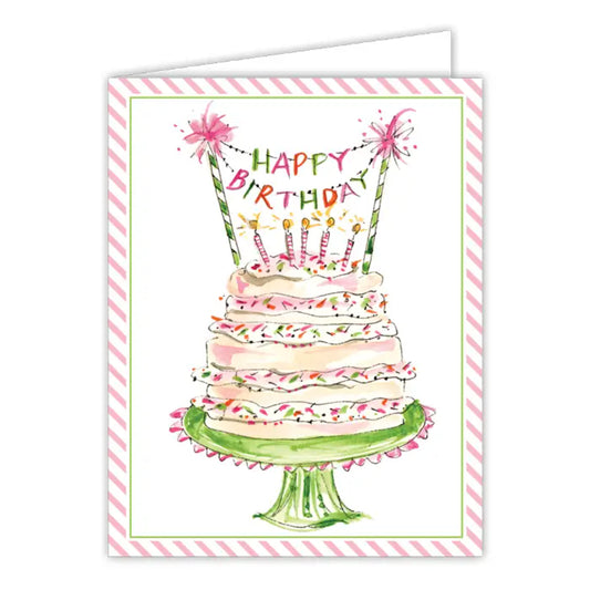 RosanneBeck Collections Happy Birthday Banner Pink and Green Cake Greeting Card