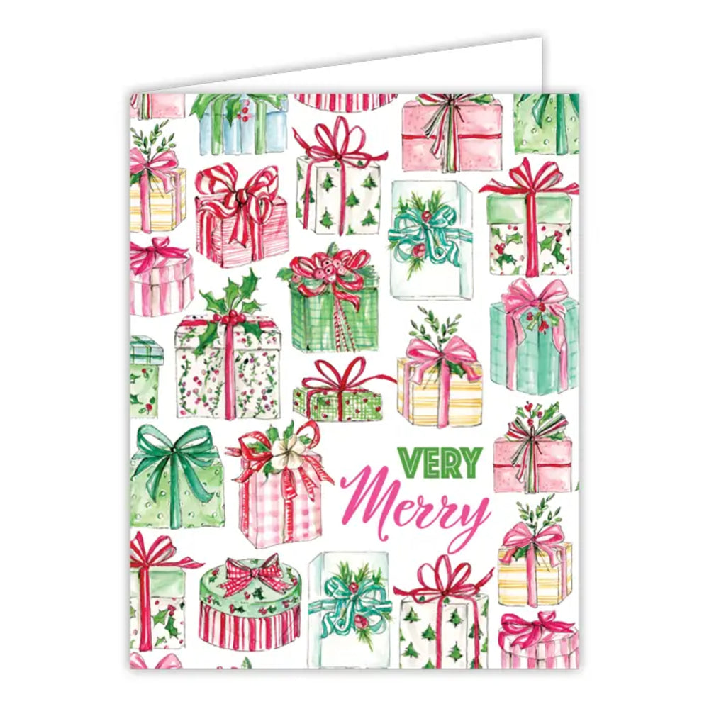 A festive Christmas greeting card featuring a watercolor pattern of wrapped gift boxes with bows and the words 'VERY Merry' in green and pink script, shown against a plain white background.