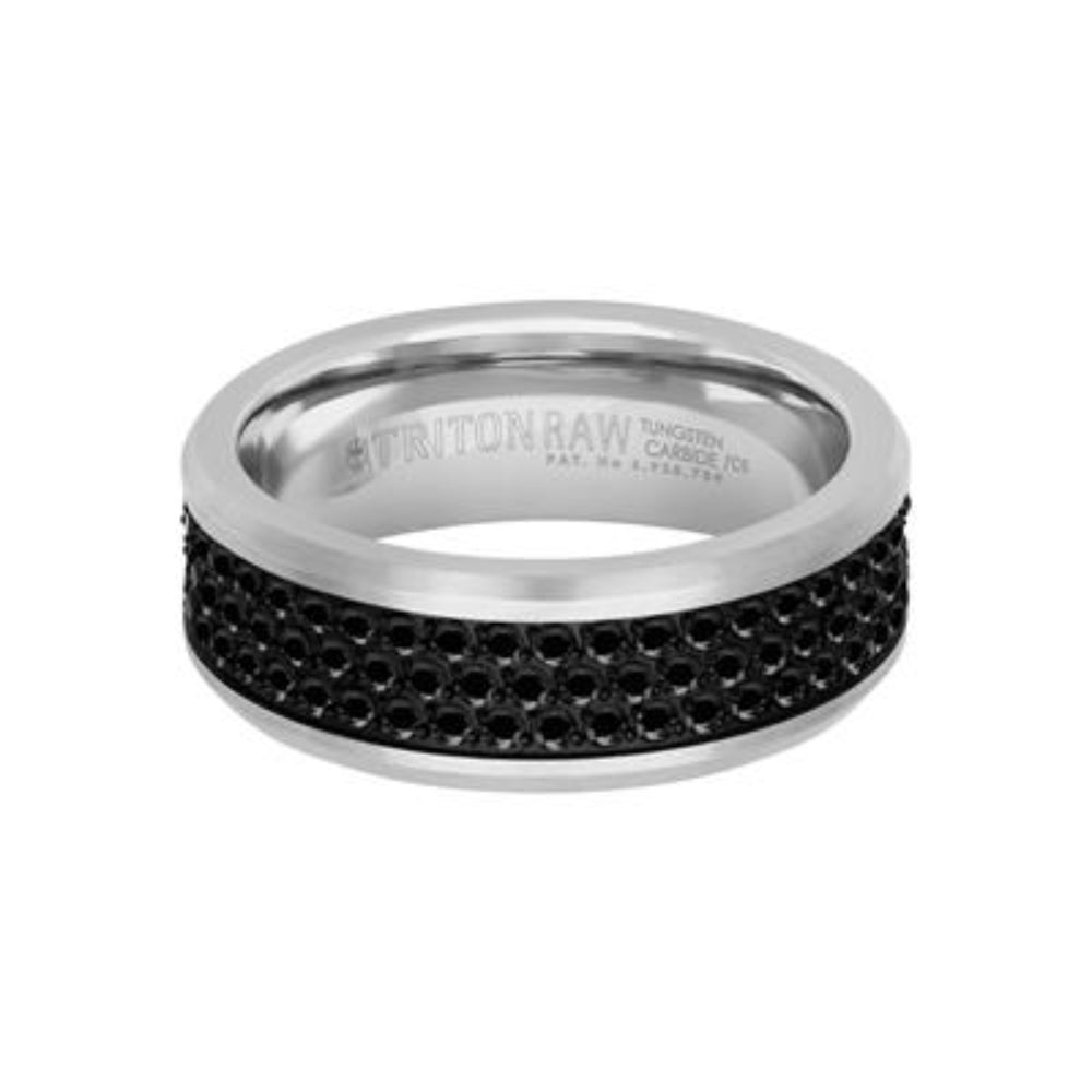 Men's Tungsten 8mm Triple Row Black Sapphire Wedding Band