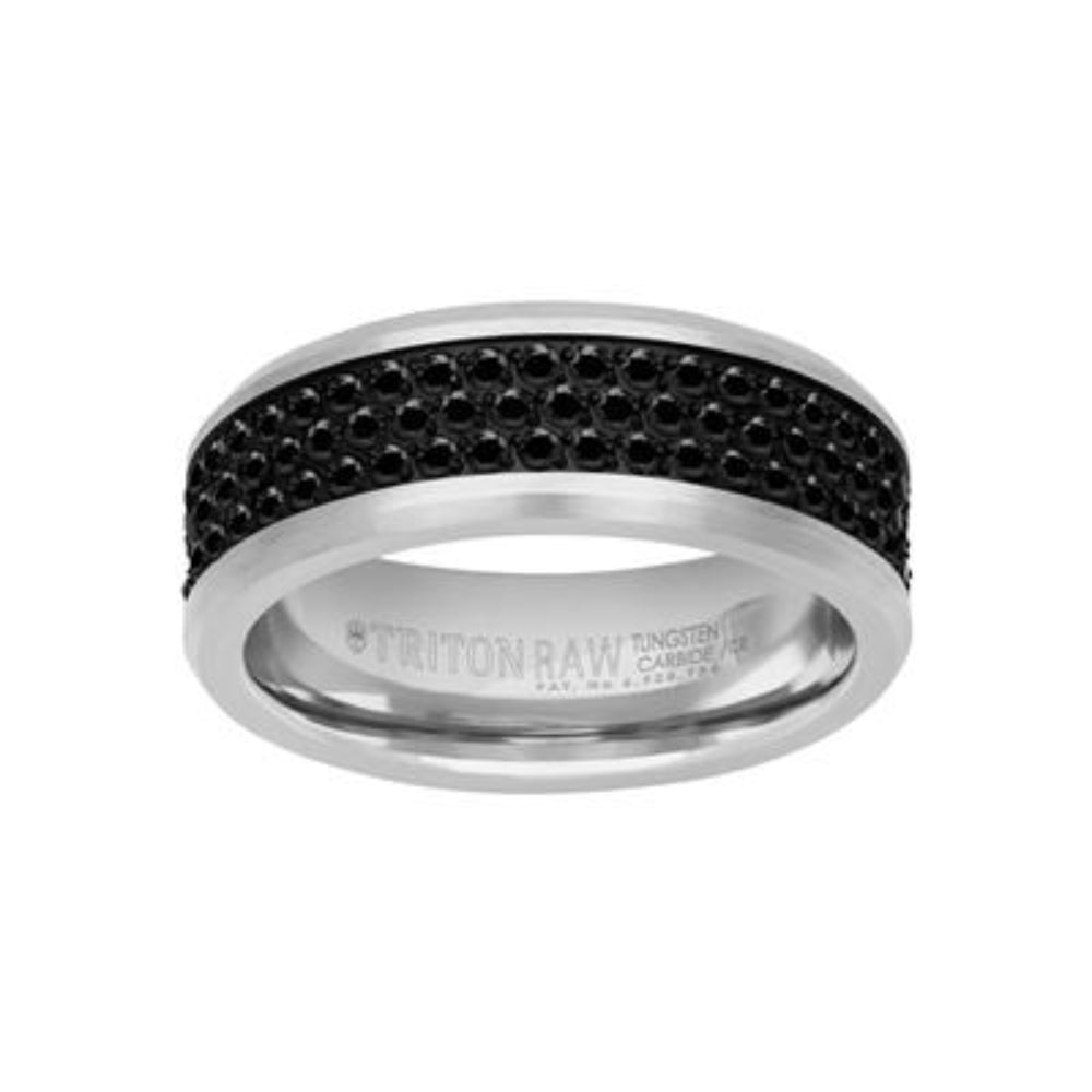 Men's Tungsten 8mm Triple Row Black Sapphire Wedding Band