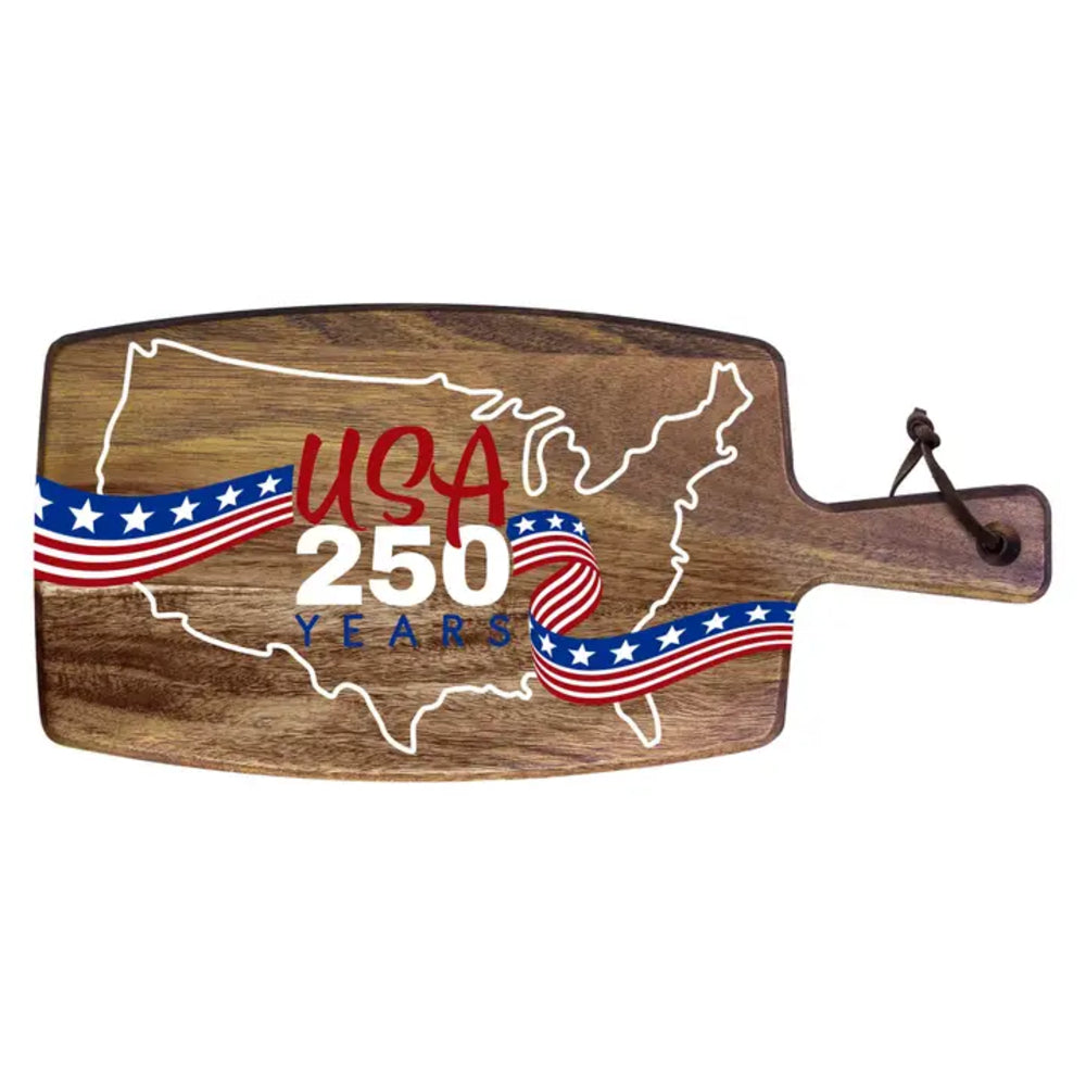 Brown wooden cutting board with USA 250 Years in red,white & blue design on a white background.