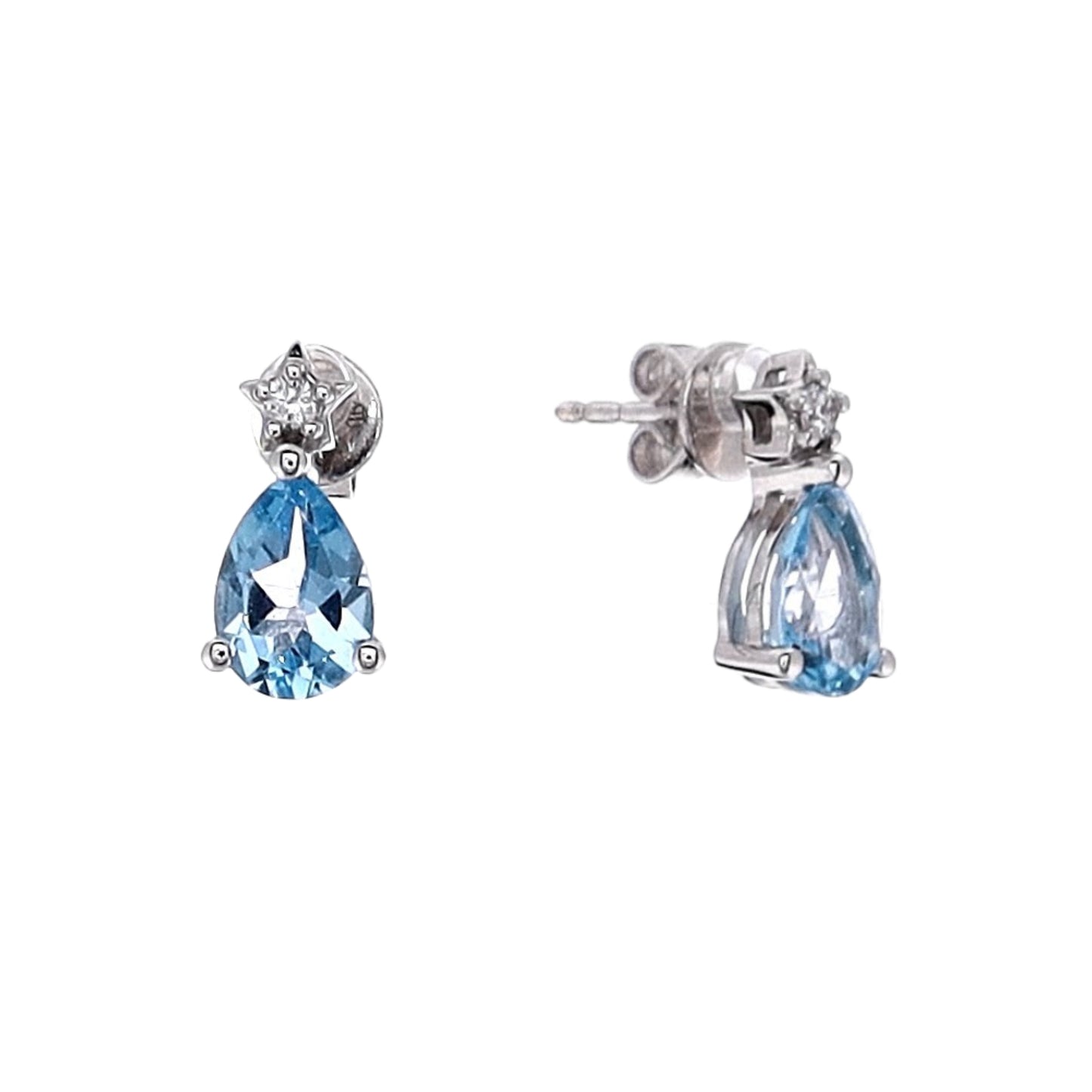 14k White Gold Pear Shaped Swiss Blue Topaz and Diamond Stud Earrings