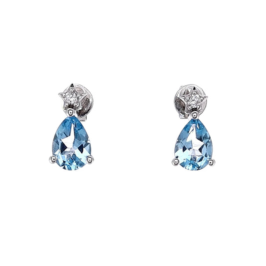 14k White Gold Pear Shaped Swiss Blue Topaz and Diamond Stud Earrings
