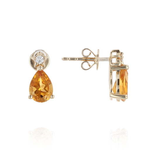 14k Yellow Gold Pear Shape Citrine and Diamond Drop Earrings