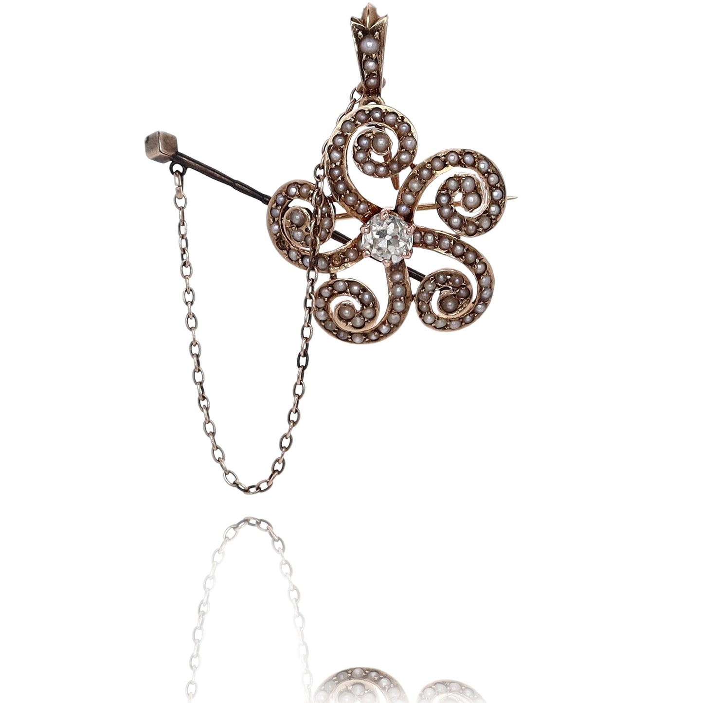 Estate 14 Karat Yellow Gold Flower Design Diamond and Seed Pearl Pin Pendant