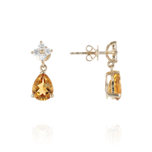 14Y PCD Pear Shape Citrine Drop Earrings (4) 8 RBC D.25ct