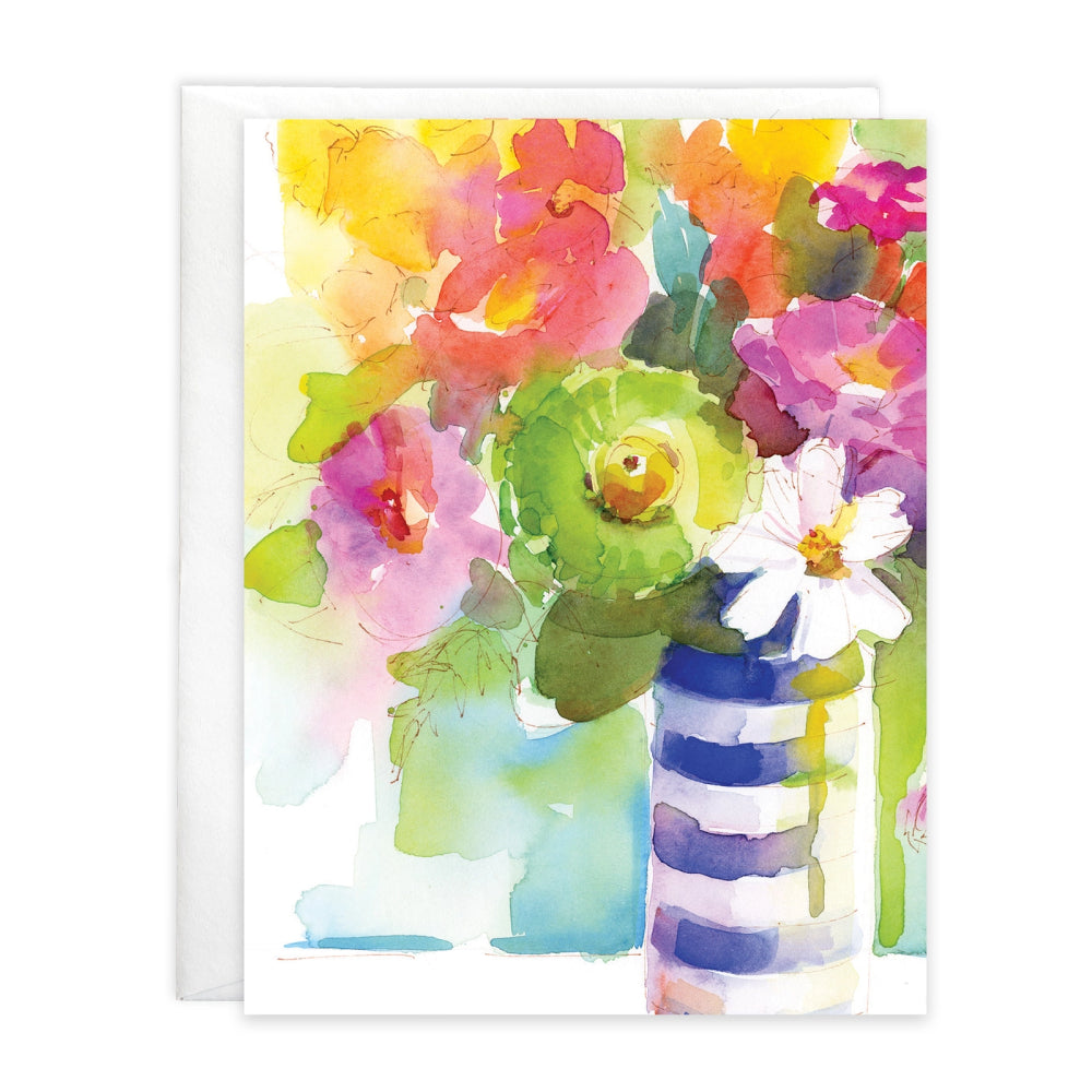Colorful floral arrangement greeting card with a striped vase on a white background