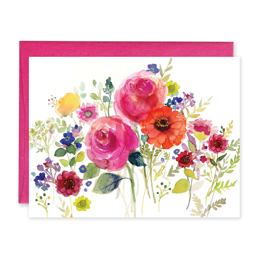 Floral card with pink border featuring watercolor flowers on a white background