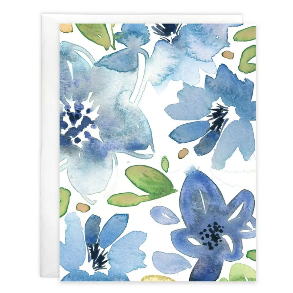 Greeting card with blue bloom flowers around it. 
