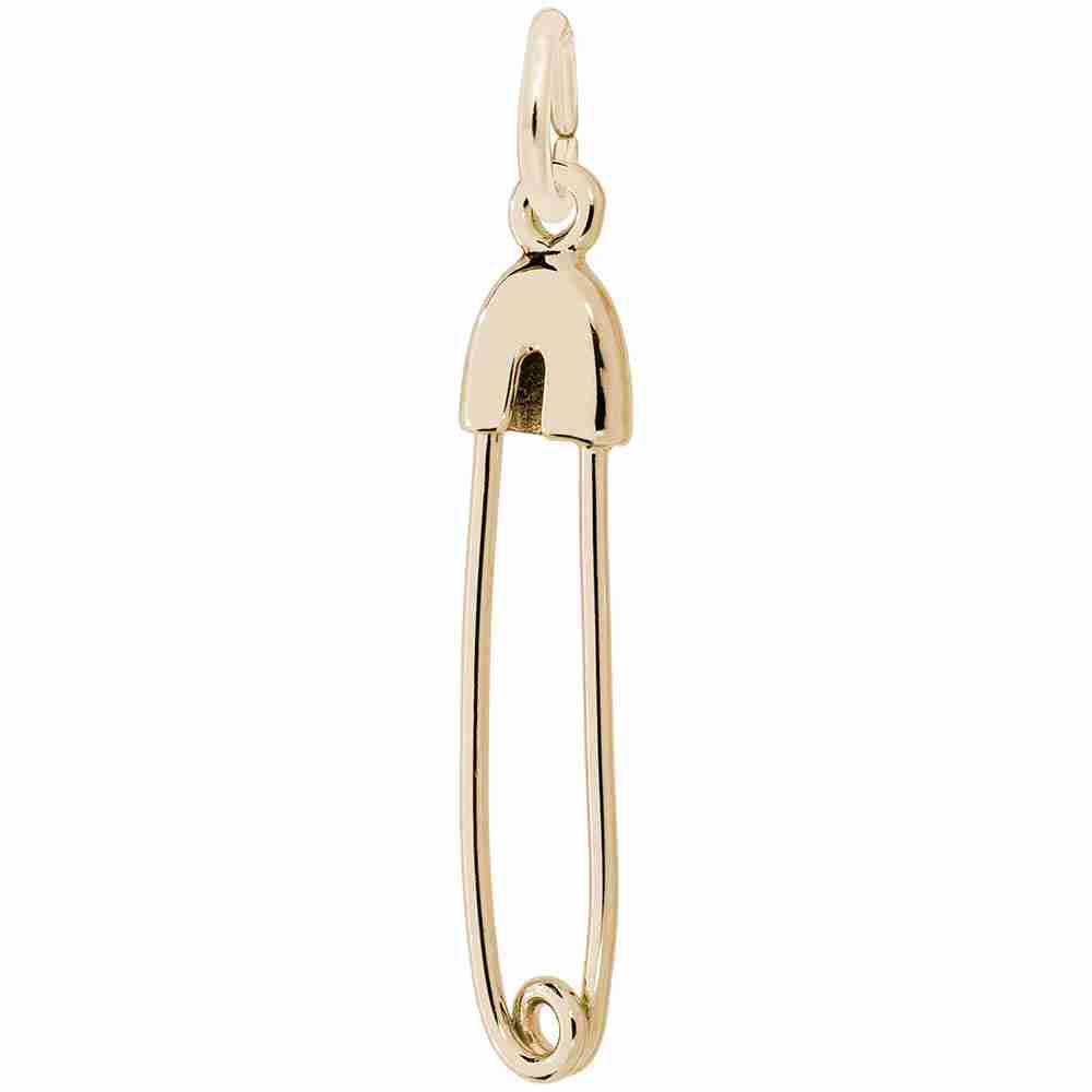 Gold safety pin charm on a white background