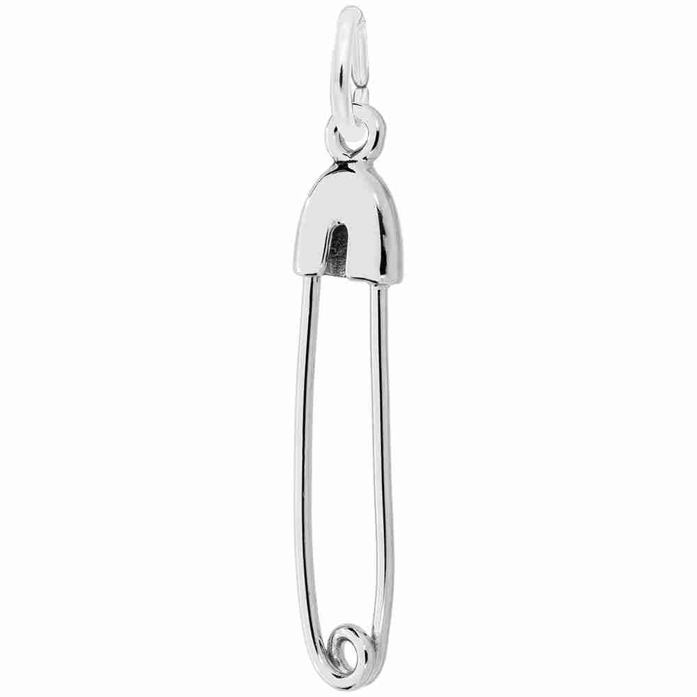 Silver safety pin charm on a white background