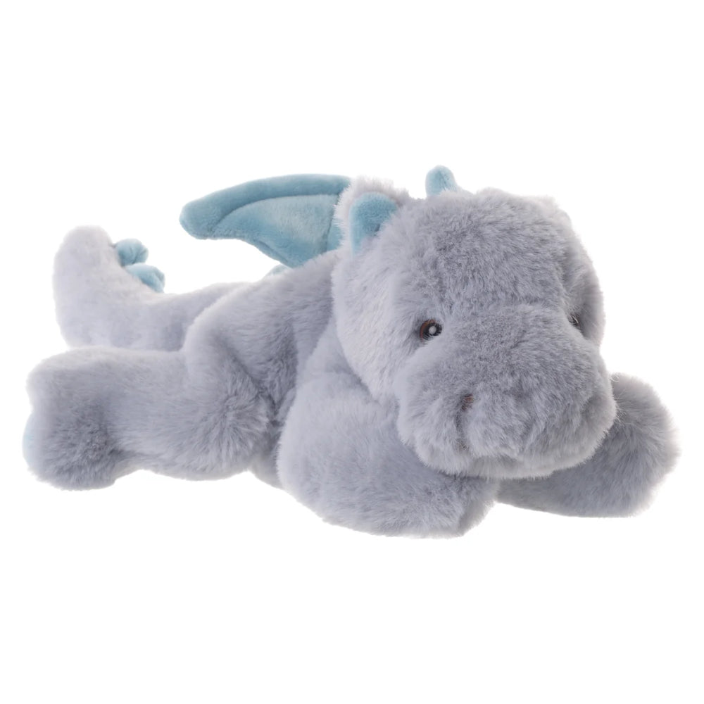 A plush dragon toy in light gray with light blue wings and inner ears, lying on a plain white background.