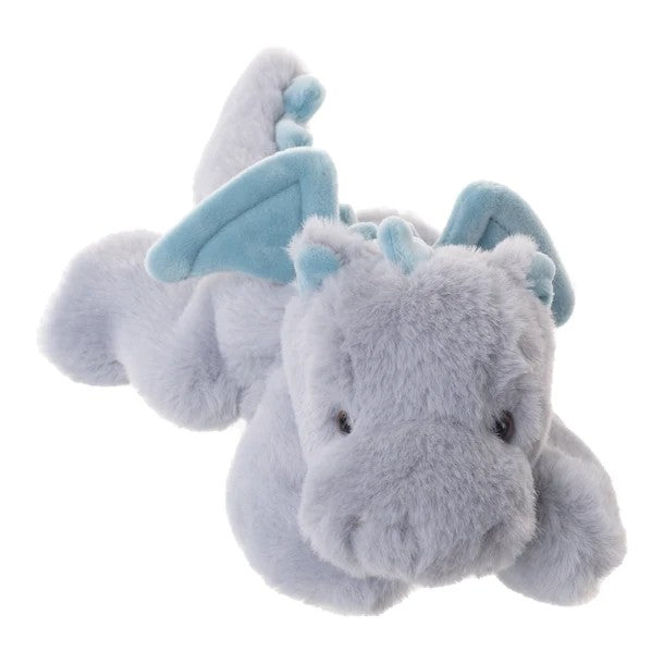 A plush dragon toy in light gray with light blue wings and horns, lying down on a solid white background.